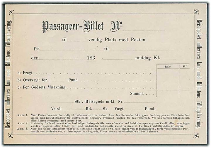 Passager-Billet. Ubrugt formular fra 1860'erne.