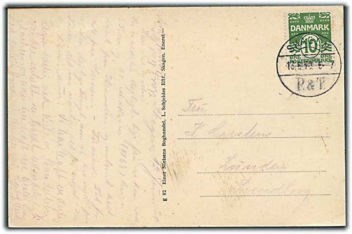 10 øre Bølgelinie på brevkort annulleret med brotype Vc Skagen P. & T. d. 13.6.1930 til Svendborg.