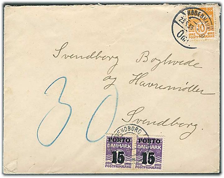 10 øre Bølgelinie på underfrankeret brev fra København d. 23.5.1935 til Svendborg. Udtakseret i porto med 15/12 øre Porto-provisorium i parstykke stemplet Svendborg d. 25.5.1935.