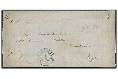 1852. Francobrev med antiqua Kjøbenhavn d. 4.6.1852 til Christiania, Norge. Langt indhold.