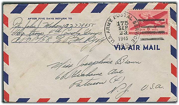 6 cents Transport på luft-feltpostbrev stemplet U.S.Army Postal Service APO 175 (= Pfungstadt, Tyskland) d. 23.9.1945 til USA. Fra Hdq. Troop 4th Cavalry Group APO 758 (= Heidelberg, Tyskland).
