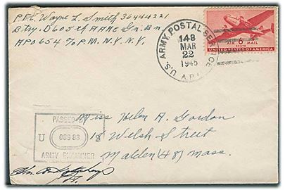 6 cents Transport på luftpost-feltpostbrev stemplet U.S.Army Postal Service APO 148 (= Keerbergen, Belgien) d. 22.3.1945 til Malden, USA. Fra Vrty D 605th AAAC Gn Bn APO 654 (= 9th Armored Group). Unit censor no. 08983.