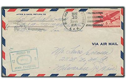 6 cents Transport på luftpost-feltpostbrev stemplet U.S.Army Poatal Service APO 954 (= Fort Kamehameha, Hawaii) d. 10.1.1944 til Milwaukee, USA. Fra Btry A 751 (AAA) Gun Bn. Unit censor no. 05267.