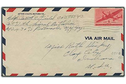6 cents Transport på luftpost feltpostbrev stemplet U.S.Army Postal Service APO 139 (= Salzburg, Østrig) d. 27.8.1945 til Clay City, USA. Fra Co. C 97th Signal Battalion APO 436 (= XV Army Corps, Salzburg, Østrig).
