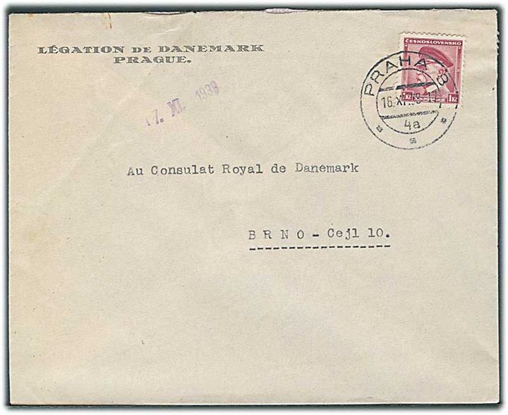 1 kc. Masaryk på fortrykt kuvert fra danske legation i Prag d. 16.11.1938 til danske konsulat i Brno.