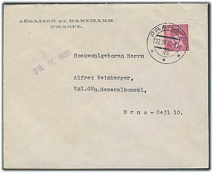 1 kc. Masaryk på fortrykt kuvert fra danske legation i Prag d. 22.9.1936 til danske konsulat i Brno. Lukkeoblat på bagsiden.
