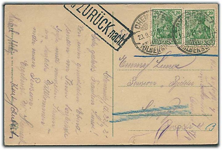 20 pfg. Germania (2) på brevkort fra Chemnitz d. 23.9.1921 til Leipzig. Retur med rammestempel Zurück nach.