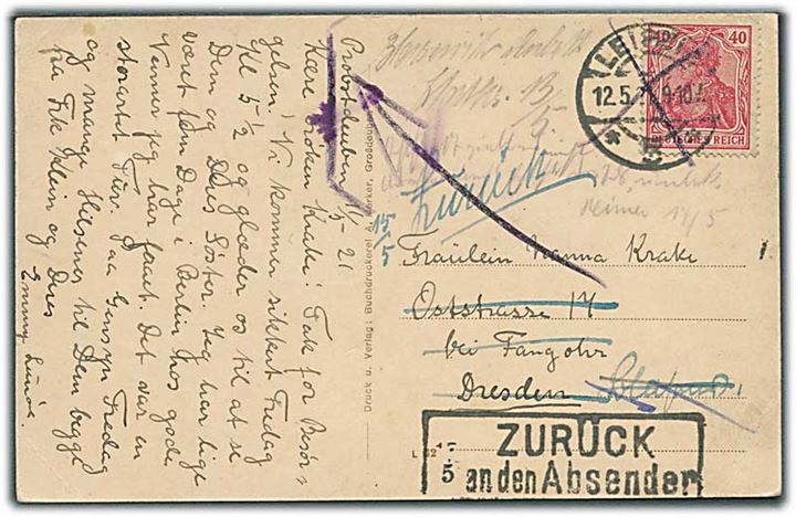 40 pfg. Germania på brevkort fra Leipzig d. 12.5.1921 til Dresden. Retur med stempel Zurück an den Absender.