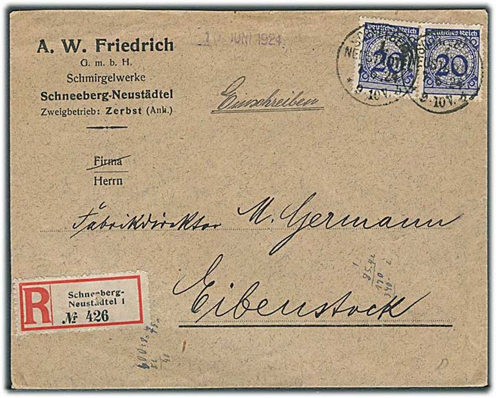 20 pfg. (2) på anbefalet brev fra Schneeberg-Neustädtel d. 7.6.1924 til Eibenstock. På bagsiden reklamemærkat for Norddeutscher Lloyd.
