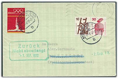 10 pfg. og 30 pfg. sammentryk og München OL 1972 mærkat på brev fra Essen d. 21.8.1972 til München. Retur.