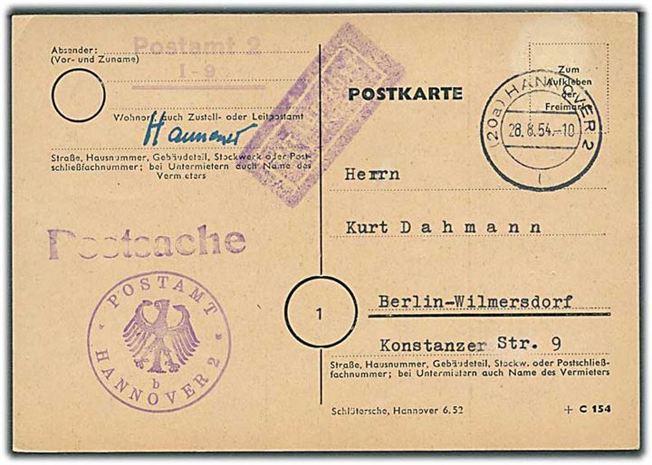 Ufrankeret indlands-luftpost postsags-brevkort fra Hannover d. 28.8.1954 til Berlin. Interessant meddelelse vedr. nye luftpost forbindelser til bl.a. København.