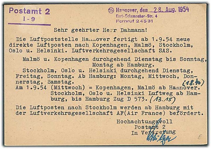 Ufrankeret indlands-luftpost postsags-brevkort fra Hannover d. 28.8.1954 til Berlin. Interessant meddelelse vedr. nye luftpost forbindelser til bl.a. København.