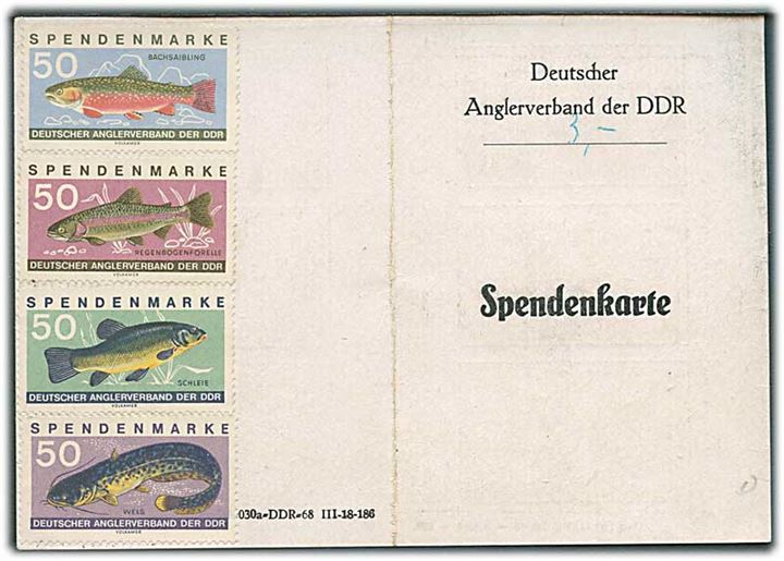 Deutscher Anglerverband der DDR. Spendenkarte med forskellige 50 pfg. Spendemarke. 