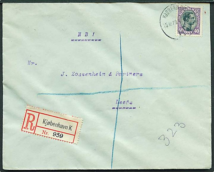 40 øre Chr. X single på anbefalet brev fra Kjøbenhavn d. 15.12.1920 til Leeds, England.