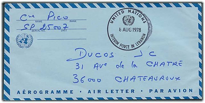 Ufrankeret FN-luftpostbrev med stempel United nations Interim Force in Lebanon d. 8.8.1978 til Chateasroux, Frankrig. Fra franske FN-styrker i Lebanon.