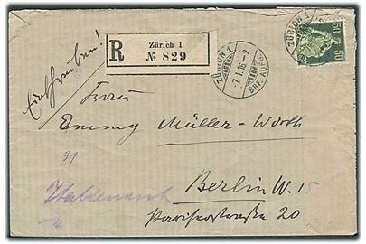 50 c. Helvetia single på anbefalet brev fra Zürich d. 7.1.1916 til Berlin, Tyskland. Åbnet af tysk censur i Berlin.