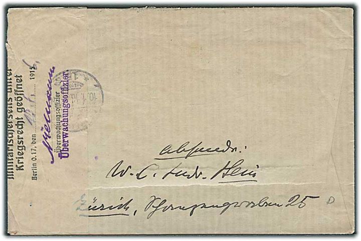 50 c. Helvetia single på anbefalet brev fra Zürich d. 7.1.1916 til Berlin, Tyskland. Åbnet af tysk censur i Berlin.