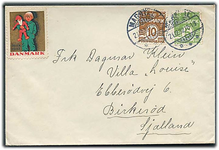 5 øre og 10 øre Bølgelinie på brev annulleret med brotype Ic Marstal d. 21.12.1932 til Birkerød.