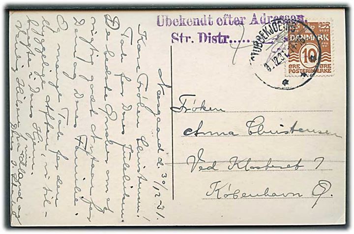 10 øre Bølgelinie på brev fra Stubbekjøbing d. 30.12.1931 til København. Stemplet Ubekendt efter Adressen.