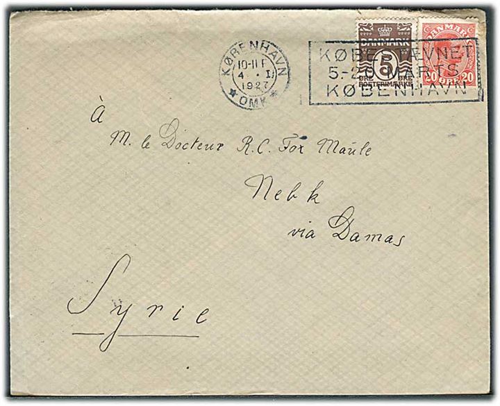 5 øre Bølgelinie og 20 øre Chr. X på brev fra København d. 4.1.1927 til Nebk via Damas, Syrien.