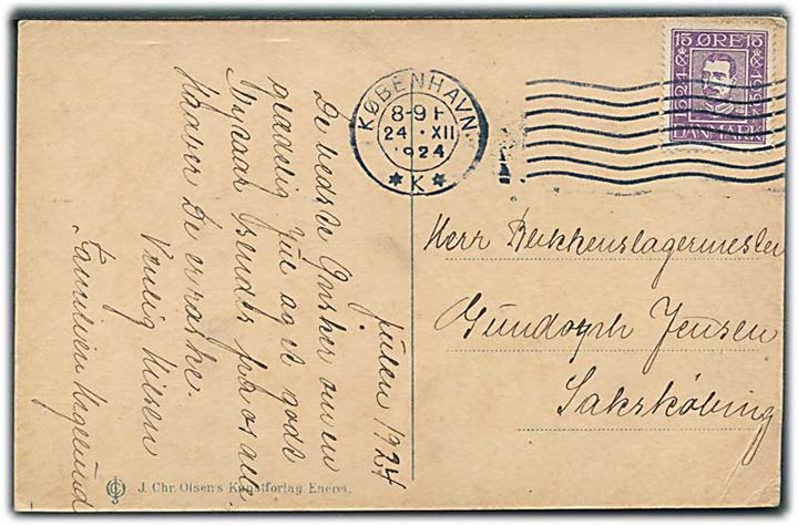 15 øre Chr. X Postjubilæum på brevkort fra København d. 24.12.1924 til Sakskøbing.