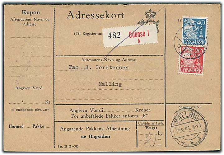 20 øre og 40 øre Karavel på adressekort for pakke fra Odense d. 17.9.1941 til Malling.