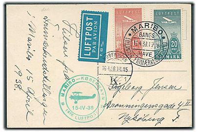 15 øre og 20 øre Luftpost på luftpost brevkort annulleret med udstillingsstempel i Maribo d. 15.4.1938 via København til Nykøbing F. grønt sidestempel: Maribo - København 1ste Luftpost d. 15.4.1938.