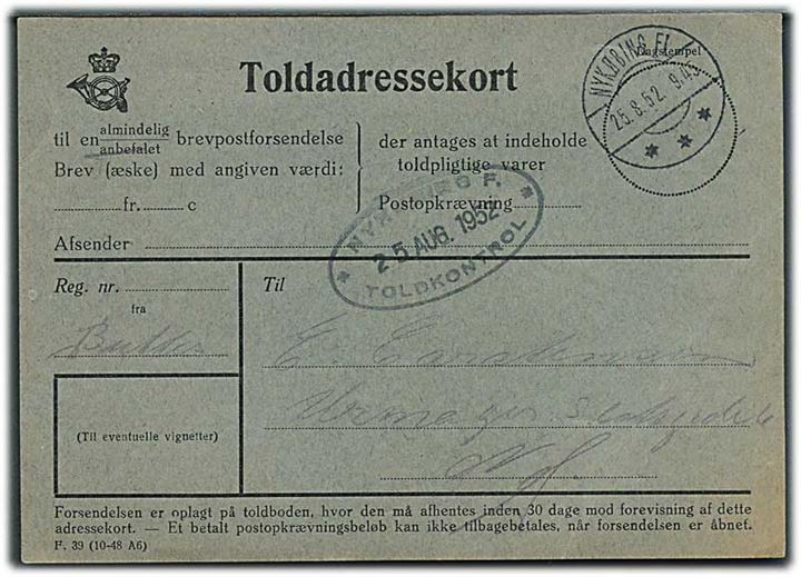 Toldadressekort F. 39 (10-48 A6) stemplet Nykøbing Fl. d. 25.8.1952.