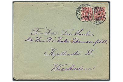10 øre Våben (2) på brev fra Kjøbenhavn d. 26.1.19054 til Wiesbaden, Tyskland.