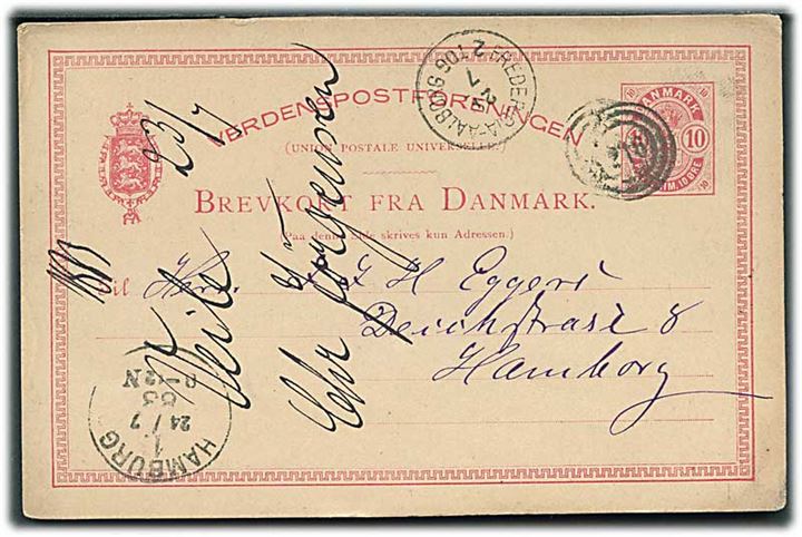 10 øre Våben helsagsbrevkort fra Vejle annulleret med nr.stempel 216 og sidestemplet lapidar Fredericia - Aalborg d. 21.7.1883 til Hamburg, Tyskland.