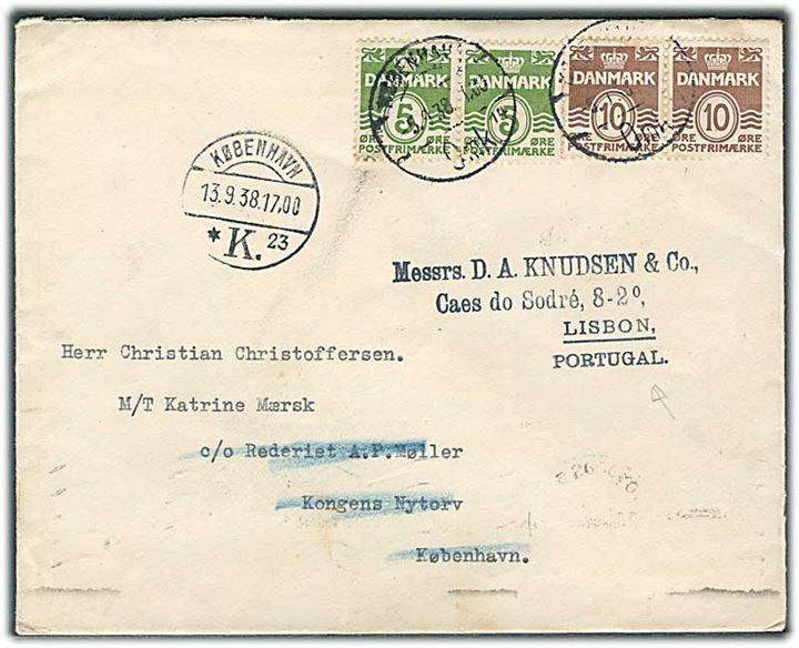 5 øre (par) og 10 øre (par) Bølgelinie på brev fra København d. 5.9.1938 til sømand ombord på M/T Katrine Mærsk via rederiet A.P.Møller i København - eftersendt til Lissabon, Portugal.