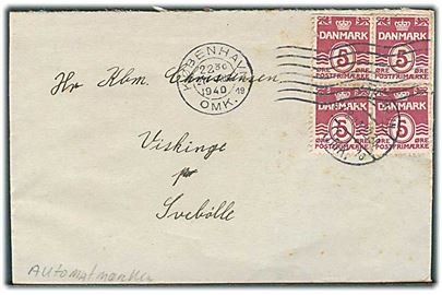 5 øre Bølgelinie i 2 parstykker med tydelige automatafskæringer på brev fra København d. 27.8.1940 til Svebølle.