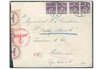 10 øre Bølgelinie (4) på brev fra Vejen d. 8.6.1943 til styrmand ombord på S/S Betty Mærsk i Holtenau, Tyskland. Åbnet af tysk censur i Hamburg.