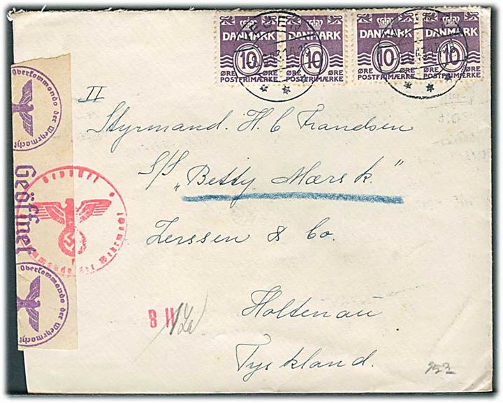 10 øre Bølgelinie (4) på brev fra Vejen d. 8.6.1943 til styrmand ombord på S/S Betty Mærsk i Holtenau, Tyskland. Åbnet af tysk censur i Hamburg.