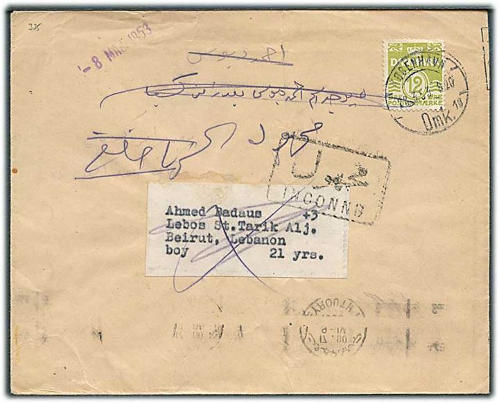 12 øre Bølgelinie single på tryksag fra København d. 28.3.1953 til Beirut, Lebanon. Retur som ubekendt.