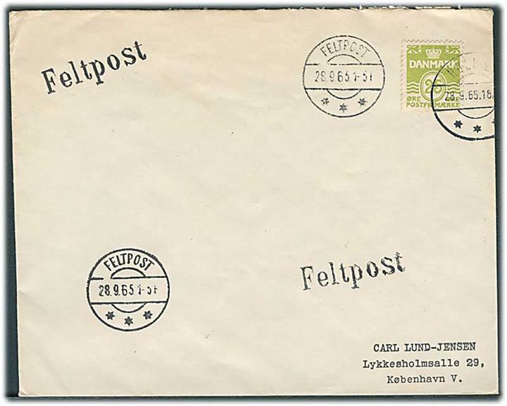 25 øre Bølgelinie på filatelistisk feltpostbrev fra Holbæk d. 28.9.1965 sidestemplet brotype IIb Feltpost d. 28.9.1965 til København.