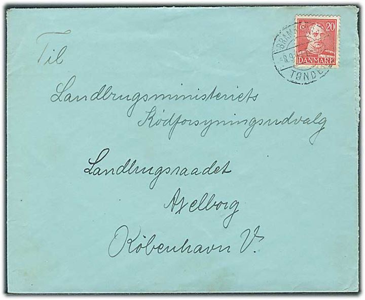 20 øre Chr. X på brev annulleret med bureaustempel Bramminge - Tønder sn1 T.480 d. 8.9.1943 til København.