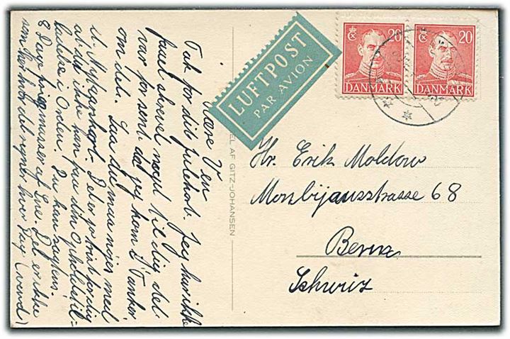 20 øre Chr. X i parstykke på luftpost-brevkort fra Klampenborg d. 30.12.1947 til Bern, Schweiz.