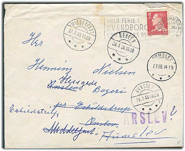 50 øre Fr. IX på brev fra Svendborg d. 16.7.1965 til Ormslev - forsøgt i Årslev, Avnslev og Middelfart. Fejlagtigt åbnet i Middelfart med lukkeoblat: Lukket af postvæsnet 