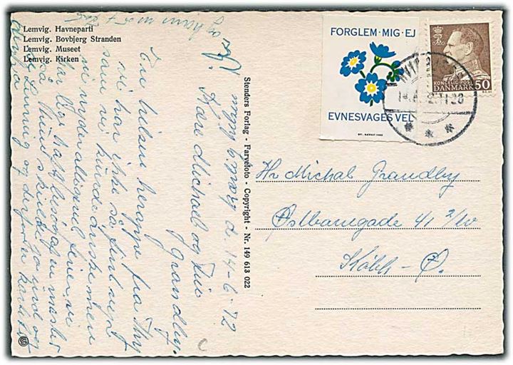 50 øre Fr. IX og Evnesvages Vel mærkat på brevkort fra Hvidbjerg d. 14.6.1972 til København.