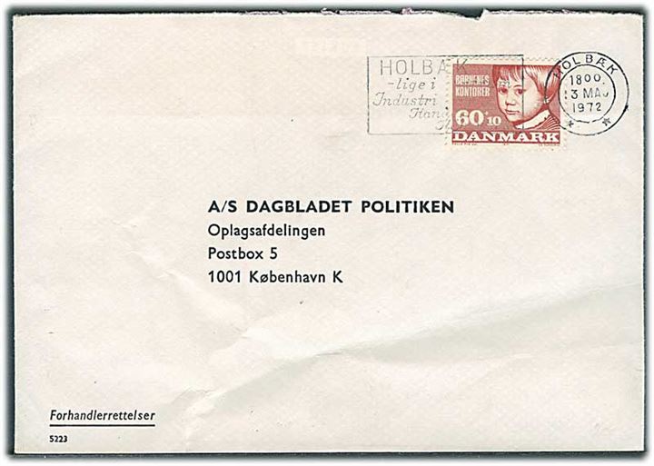 60+10 øre Børnenes Kontor på brev fra Holbæk d. 13.5.1972 til København.