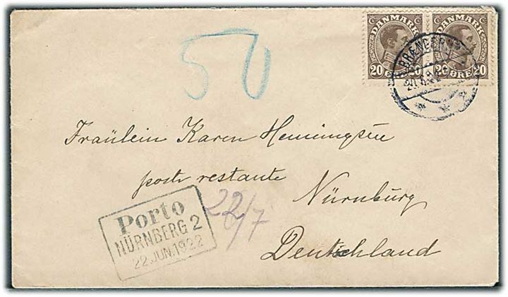 20 øre Chr. X i parstykke på brev stemplet Brænderup d. 20.6.1922 til poste restante i Nürnberg, Tyskland. Rammestempel Porto Nürnberg 2 d. 22.6.1922 og udtakseret i 50 pfg. poste restante gebyr.