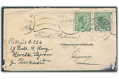 5 øre Chr. X (2) med tydelig automatafskæringer på brev fra Kjøbenhavn d. 25.12.1918 til Kagerup - eftersendt til soldat i Høveltelejren pr. Birkerød.