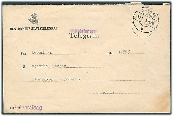 Ufrankeret Telegramkuvert T.27 (7-52) med liniestempel Telegrafsag fra Odense d. 12.2.1958 til Pejrup.