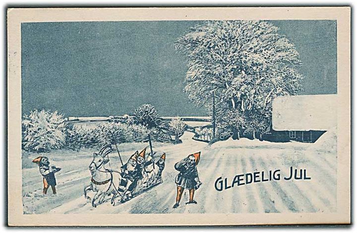 Glædelig Jul. Nisse på kælk trukket af ged. Muligvis Sønderjylland. H. Chr. P. u/no.