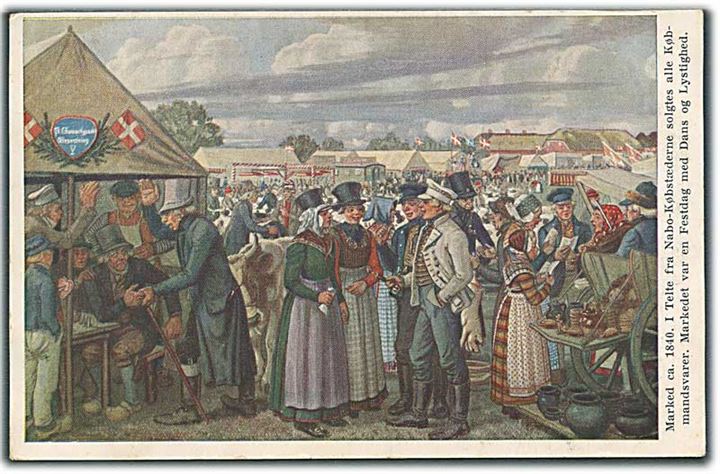 Efter Originalmaleri af R. Christiansen: Marked ca. 1840. I telte fra Nabo Købstæderne solgtes alle Købmandsvarer. Markedet var en festdag med Dans og Lystighed. Oscar Fraenckel & Co u/no.  