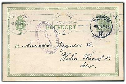 5 øre Fr. VIII helsagsbrevkort sendt lokalt i Kjøbenhavn d. 8.12.1913 til American Express Co. Ovalt ankomststempel.