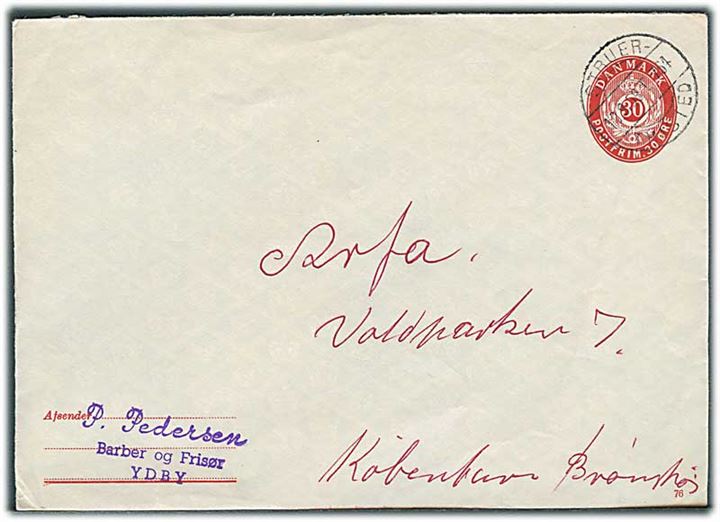 30 øre helsagskuvert (fabr. 76) fra Ydby annulleret med bureaustempel Struer - Thisted T.764 d. 10.9.1959 til København.