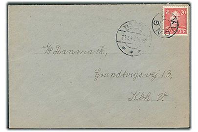 20 øre Chr. X på brev annulleret med udslebet stjernestempel KVONG og sidestemplet Tistrup d. 21.3.1947 til København.