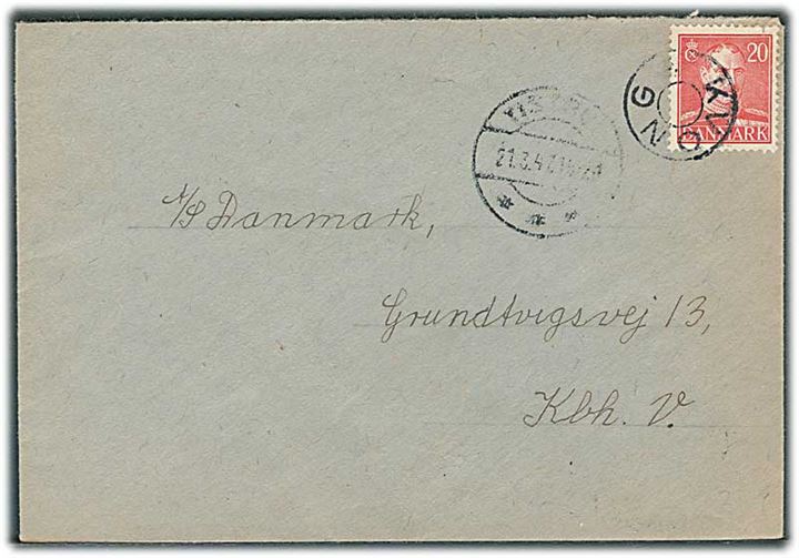 20 øre Chr. X på brev annulleret med udslebet stjernestempel KVONG og sidestemplet Tistrup d. 21.3.1947 til København.